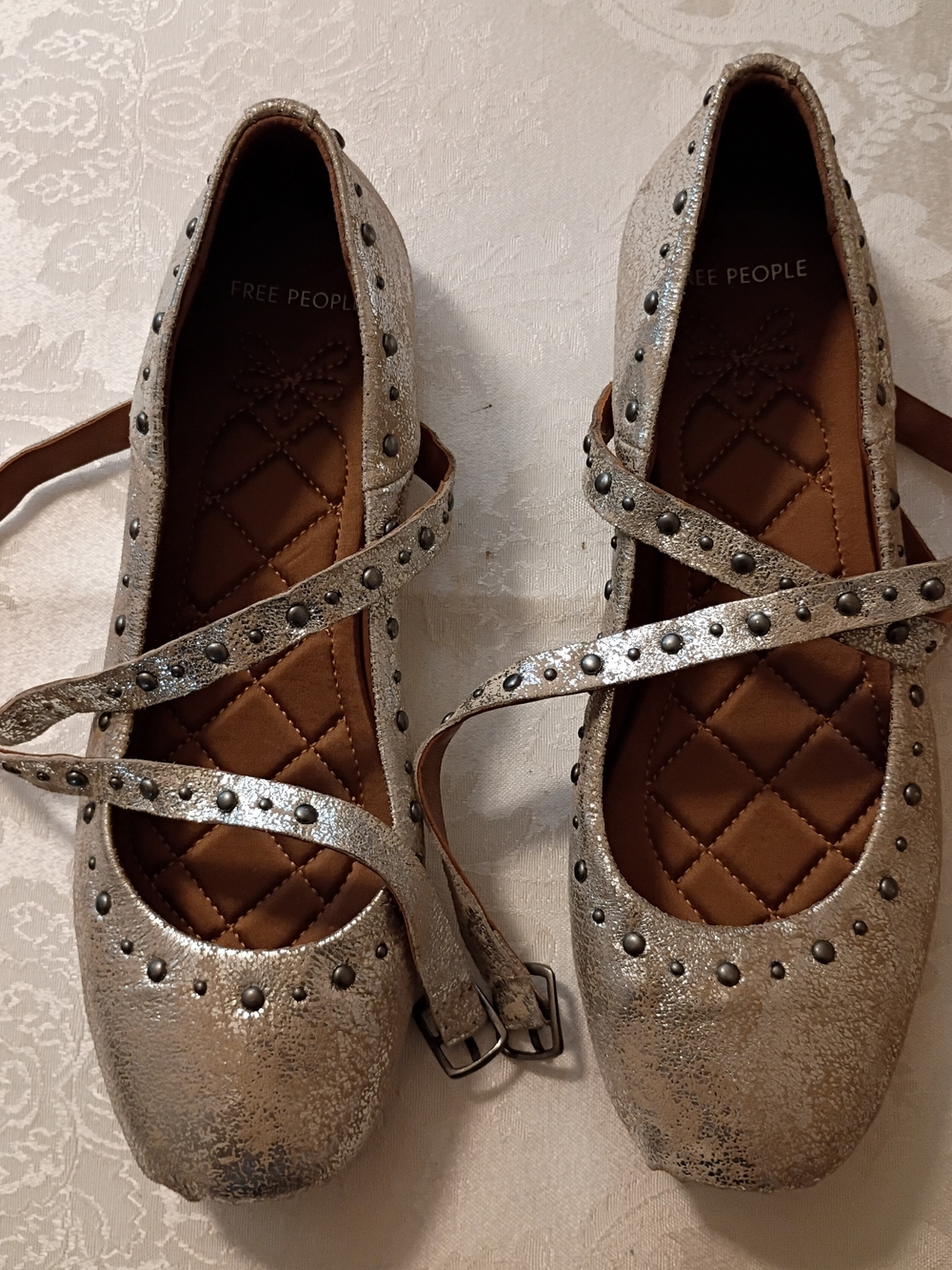 FREE PEOPLE Grace Gems Ballet Metallic Silver Stud Strap Mary Jane Flats 7.5